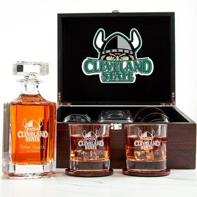 Customized Engraved Dark Brown Wood Box Decanter Set With Rocks Glasses - NCAA Cleveland State Vikings