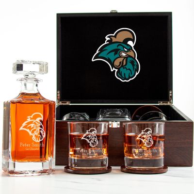 Customized Engraved Dark Brown Wood Box Decanter Set With Rocks Glasses - NCAA Coastal Carolina Chanticleers