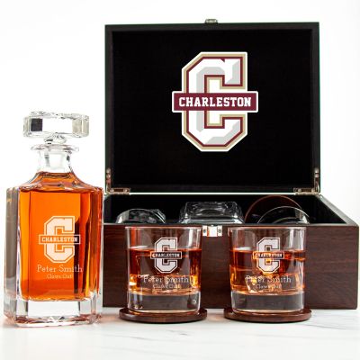 Customized Engraved Dark Brown Wood Box Decanter Set With Rocks Glasses - NCAA Charleston Cougars
