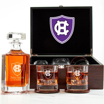 Customized Engraved Dark Brown Wood Box Decanter Set With Rocks Glasses - NCAA Holy Cross Crusaders