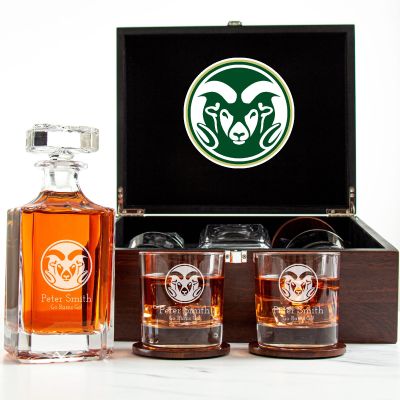 Customized Engraved Dark Brown Wood Box Decanter Set With Rocks Glasses - NCAA Colorado State Rams