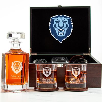 Customized Engraved Dark Brown Wood Box Decanter Set With Rocks Glasses - NCAA Columbia University Lions