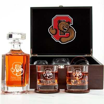 Customized Engraved Dark Brown Wood Box Decanter Set With Rocks Glasses - NCAA Cornell University Big Red