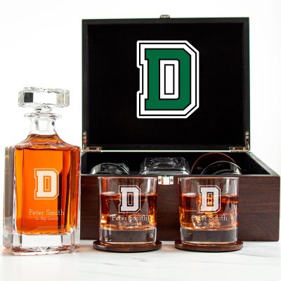 Customized Engraved Dark Brown Wood Box Decanter Set With Rocks Glasses - NCAA Dartmouth Big Green