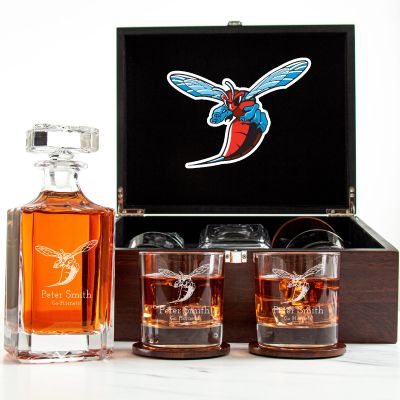 Customized Engraved Dark Brown Wood Box Decanter Set With Rocks Glasses - NCAA Delaware State Hornets
