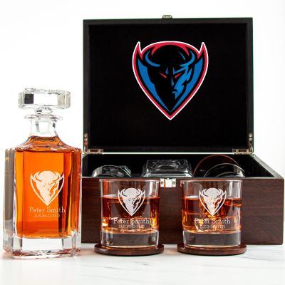 Customized Engraved Dark Brown Wood Box Decanter Set With Rocks Glasses - NCAA DePaul Blue Demons