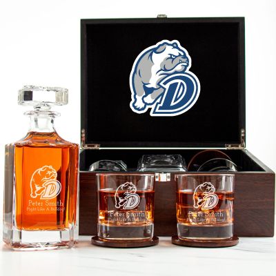 Customized Engraved Dark Brown Wood Box Decanter Set With Rocks Glasses - NCAA Drake Bulldogs
