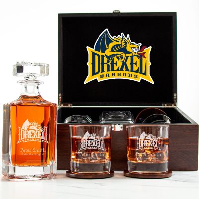 Customized Engraved Dark Brown Wood Box Decanter Set With Rocks Glasses - NCAA Drexel Dragons