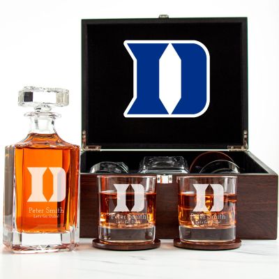 Customized Engraved Dark Brown Wood Box Decanter Set With Rocks Glasses - NCAA Duke Blue Devils