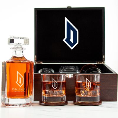 Customized Engraved Dark Brown Wood Box Decanter Set With Rocks Glasses - NCAA Duquesne Dukes