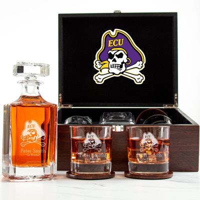 Customized Engraved Dark Brown Wood Box Decanter Set With Rocks Glasses - NCAA East Carolina Pirates