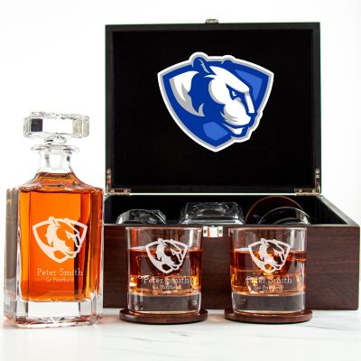 Customized Engraved Dark Brown Wood Box Decanter Set With Rocks Glasses - NCAA Eastern Illinois Panthers