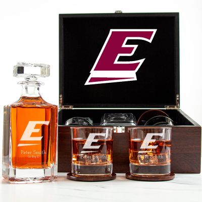 Customized Engraved Dark Brown Wood Box Decanter Set With Rocks Glasses - NCAA Eastern Kentucky Colonels