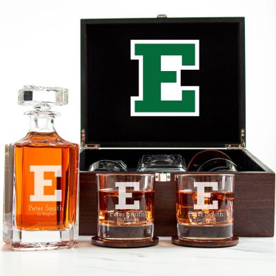 Customized Engraved Dark Brown Wood Box Decanter Set With Rocks Glasses - NCAA Eastern Michigan Eagles