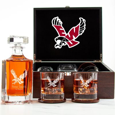 Customized Engraved Dark Brown Wood Box Decanter Set With Rocks Glasses - NCAA Eastern Washington Eagles