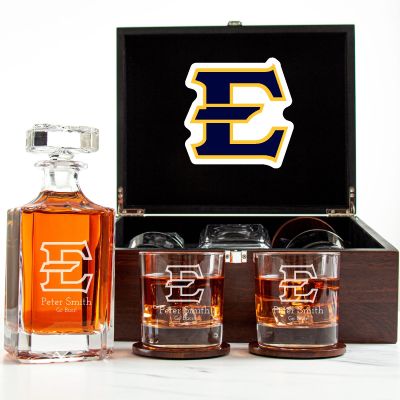 Customized Engraved Dark Brown Wood Box Decanter Set With Rocks Glasses - NCAA East Tennessee State Buccaneers