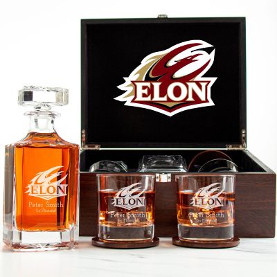 Customized Engraved Dark Brown Wood Box Decanter Set With Rocks Glasses - NCAA Elon Phoenix