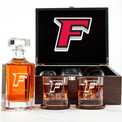 Customized Engraved Dark Brown Wood Box Decanter Set With Rocks Glasses - NCAA Fairfield Stags