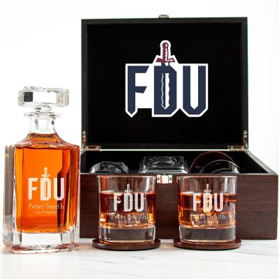 Customized Engraved Dark Brown Wood Box Decanter Set With Rocks Glasses - NCAA Fairleigh Dickinson Knights