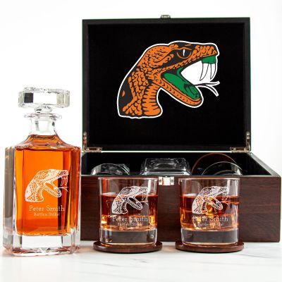 Customized Engraved Dark Brown Wood Box Decanter Set With Rocks Glasses - NCAA Florida A&M Rattlers