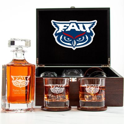 Customized Engraved Dark Brown Wood Box Decanter Set With Rocks Glasses - NCAA Florida Atlantic Owls
