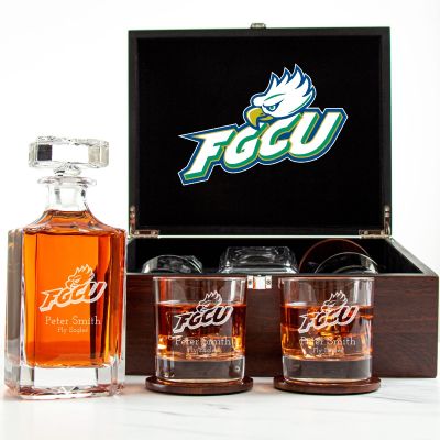 Customized Engraved Dark Brown Wood Box Decanter Set With Rocks Glasses - NCAA Florida Gulf Coast University Eagles