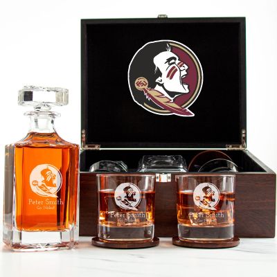 Customized Engraved Dark Brown Wood Box Decanter Set With Rocks Glasses - NCAA Florida State Seminoles