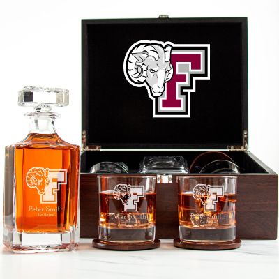 Customized Engraved Dark Brown Wood Box Decanter Set With Rocks Glasses - NCAA Fordham Rams