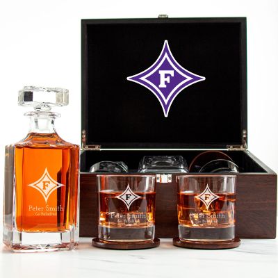 Customized Engraved Dark Brown Wood Box Decanter Set With Rocks Glasses - NCAA Furman Paladins