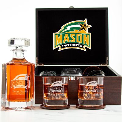 Customized Engraved Dark Brown Wood Box Decanter Set With Rocks Glasses - NCAA George Mason Patriots