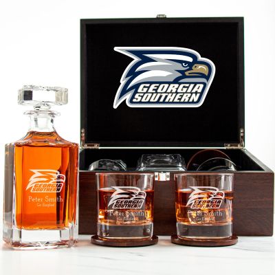 Customized Engraved Dark Brown Wood Box Decanter Set With Rocks Glasses - NCAA Georgia Southern Eagles