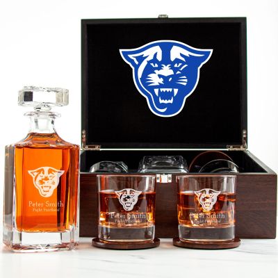 Customized Engraved Dark Brown Wood Box Decanter Set With Rocks Glasses - NCAA Georgia State Panthers