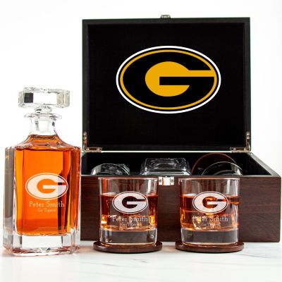 Customized Engraved Dark Brown Wood Box Decanter Set With Rocks Glasses - NCAA Grambling State Tigers