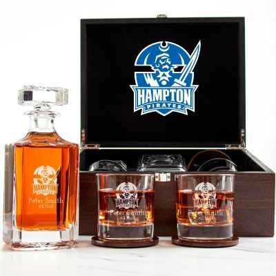 Customized Engraved Dark Brown Wood Box Decanter Set With Rocks Glasses - NCAA Hampton Pirates