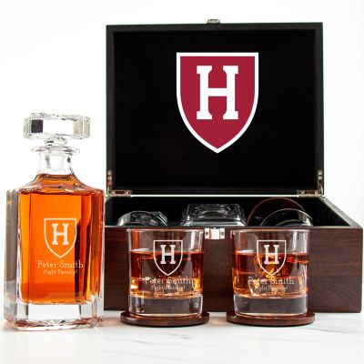 Customized Engraved Dark Brown Wood Box Decanter Set With Rocks Glasses - NCAA Harvard Crimson