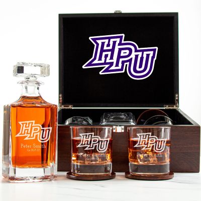 Customized Engraved Dark Brown Wood Box Decanter Set With Rocks Glasses - NCAA High Point Panthers