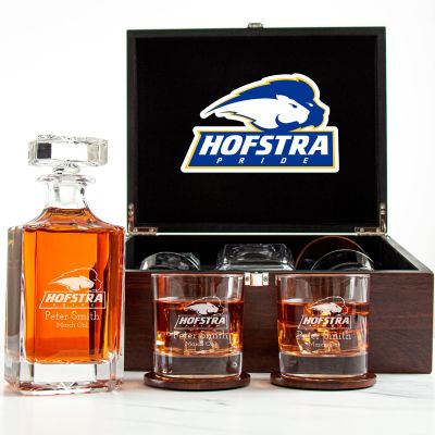 Customized Engraved Dark Brown Wood Box Decanter Set With Rocks Glasses - NCAA Hofstra	Pride