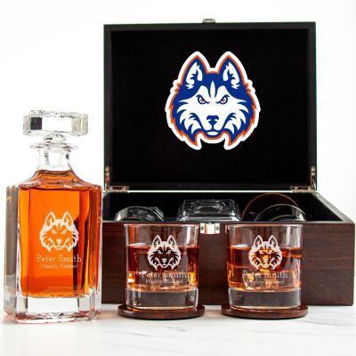 Customized Engraved Dark Brown Wood Box Decanter Set With Rocks Glasses - NCAA Houston Christian Huskies