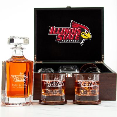 Customized Engraved Dark Brown Wood Box Decanter Set With Rocks Glasses - NCAA Illinois State Redbirds