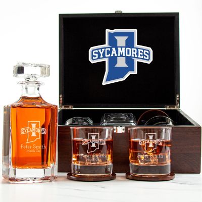 Customized Engraved Dark Brown Wood Box Decanter Set With Rocks Glasses - NCAA Indiana State Sycamores