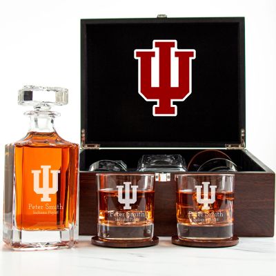 Customized Engraved Dark Brown Wood Box Decanter Set With Rocks Glasses - NCAA Indiana Hoosiers