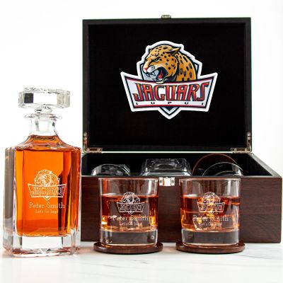 Customized Engraved Dark Brown Wood Box Decanter Set With Rocks Glasses - NCAA IUPUI Jaguars
