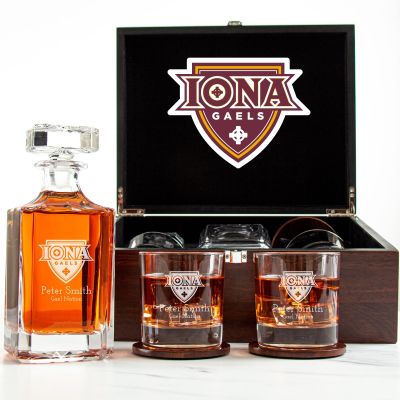 Customized Engraved Dark Brown Wood Box Decanter Set With Rocks Glasses - NCAA Iona Gaels