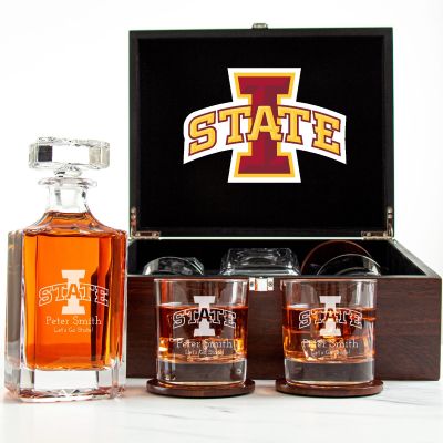 Customized Engraved Dark Brown Wood Box Decanter Set With Rocks Glasses - NCAA Iowa State Cyclones