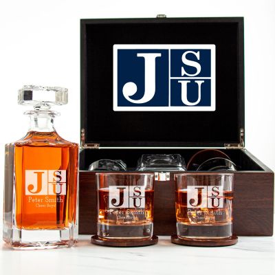Customized Engraved Dark Brown Wood Box Decanter Set With Rocks Glasses - NCAA Jackson State Tigers