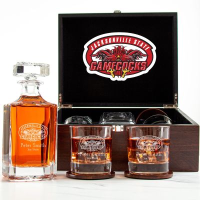 Customized Engraved Dark Brown Wood Box Decanter Set With Rocks Glasses - NCAA Jacksonville State Gamecocks