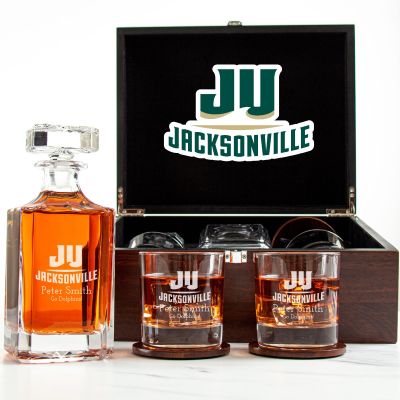 Customized Engraved Dark Brown Wood Box Decanter Set With Rocks Glasses - NCAA Jacksonville Dolphins