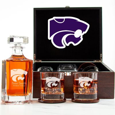 Customized Engraved Dark Brown Wood Box Decanter Set With Rocks Glasses - NCAA Kansas State Wildcats