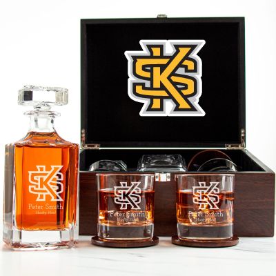 Customized Engraved Dark Brown Wood Box Decanter Set With Rocks Glasses - NCAA Kennesaw State Owls