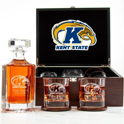 Customized Engraved Dark Brown Wood Box Decanter Set With Rocks Glasses - NCAA Kent State Golden Flashes